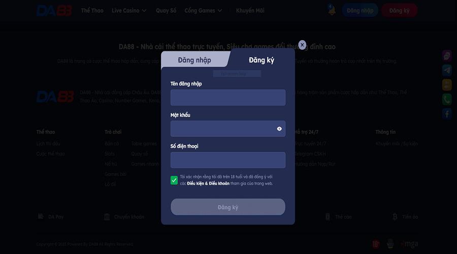 Form đăng ký Dabet với các trường thông tin chi tiết